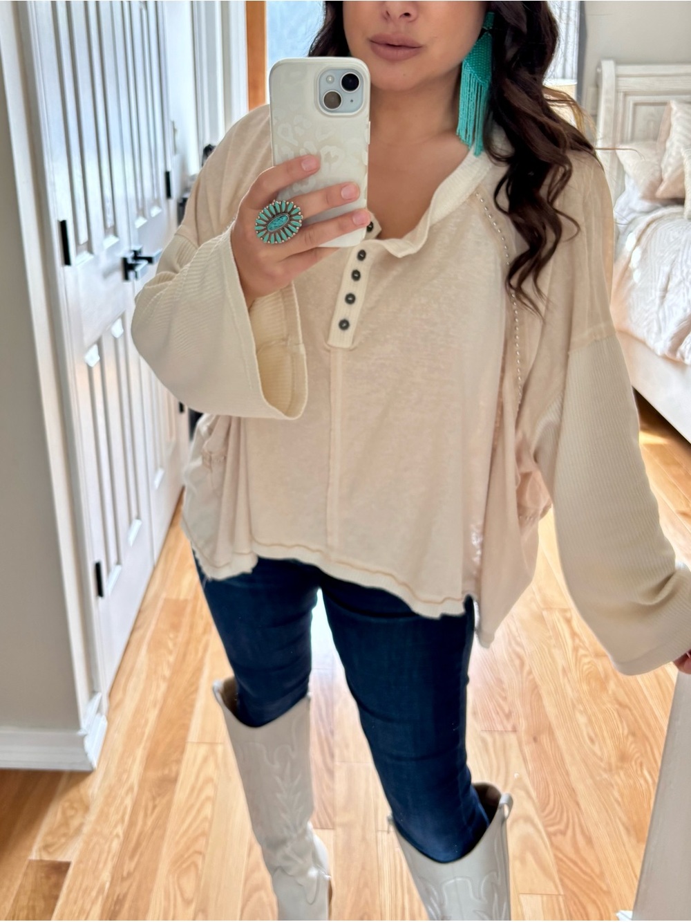 POL oversized studded patchwork Henley